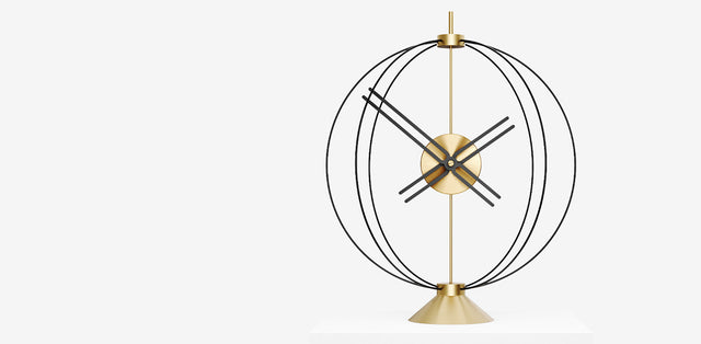 Stylish decorative table clocks with a modern design, featuring a gold and black color scheme.